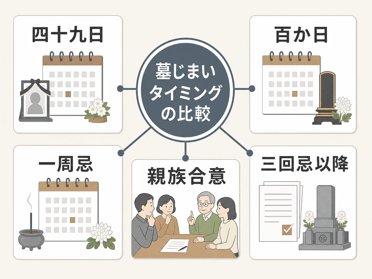 墓じまいの四十九日、百か日、一周忌、三回忌以降の比較図