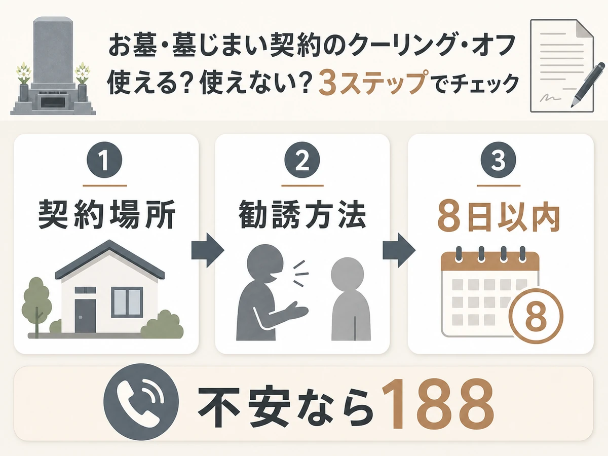 墓石契約のクーリングオフ可否を確認する3ステップの図