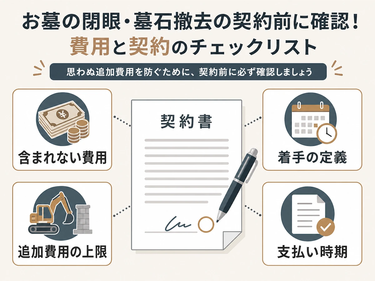 墓じまい契約前に費用と支払い条件を確認するチェックリスト図
