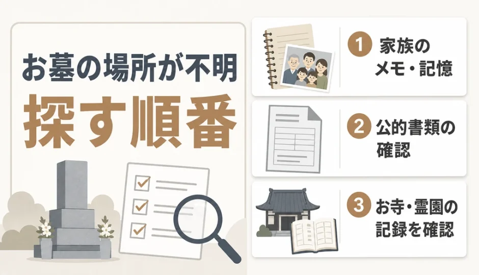 お墓の場所がわからないときに確認する順番を示す図解