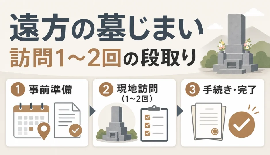 遠方の墓じまいを訪問1〜2回に集約する段取りの図解