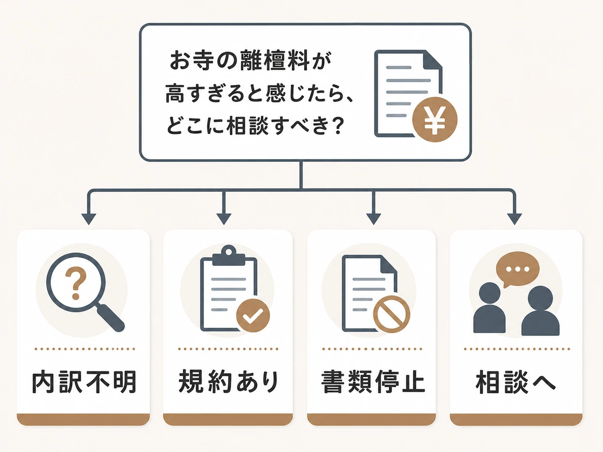 離檀料が高すぎる時に内訳不明、規約あり、書類停止などの条件から相談先を考える図解