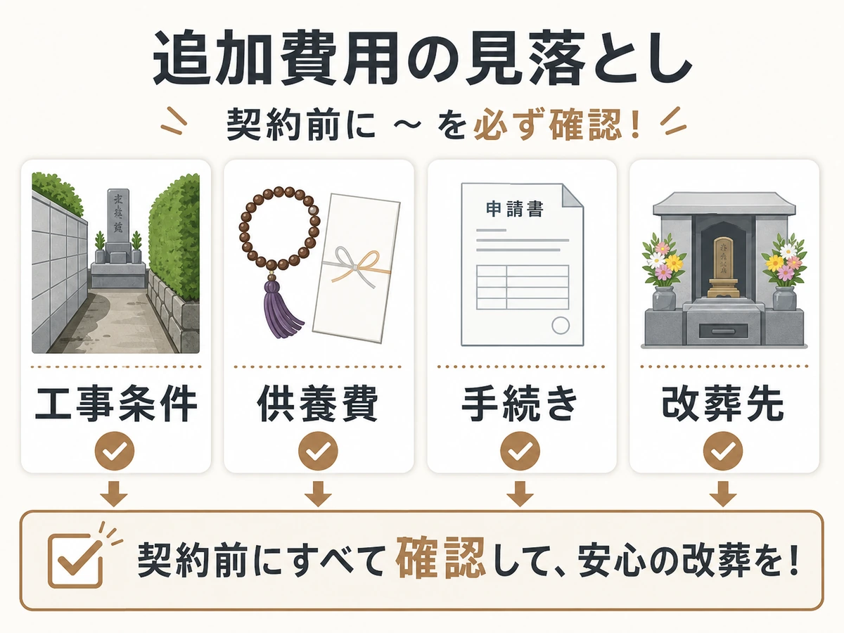 墓じまいで追加費用になりやすい工事条件・供養費・手続き・改葬先の確認図