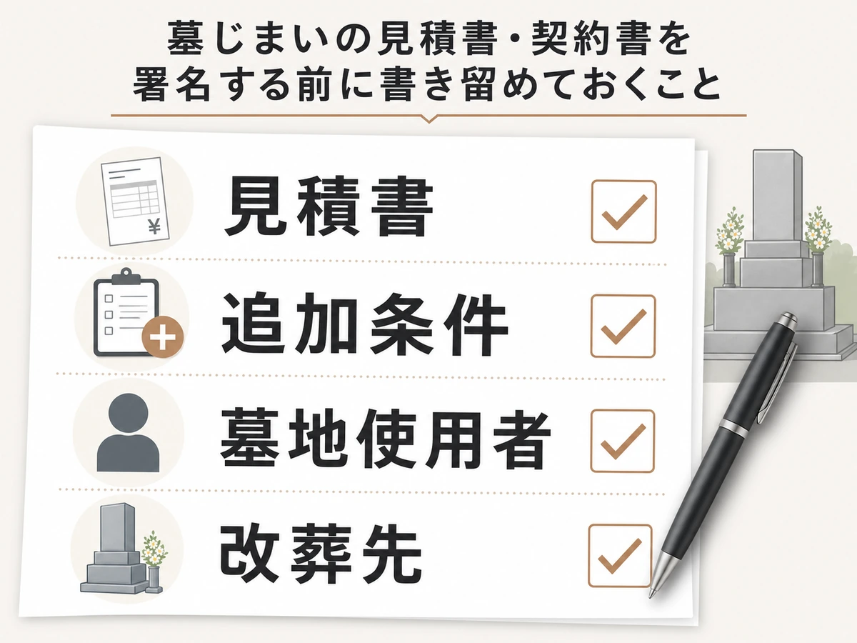 墓じまいの見積書・追加条件・墓地使用者・改葬先を契約前に確認する図