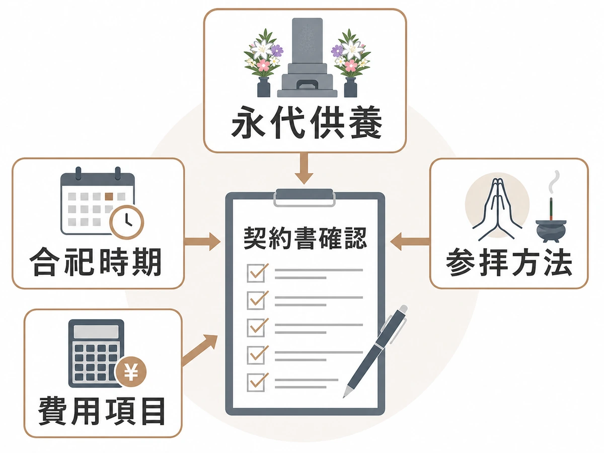 永代供養の合祀時期、参拝方法、費用項目、契約書確認を整理する判断図