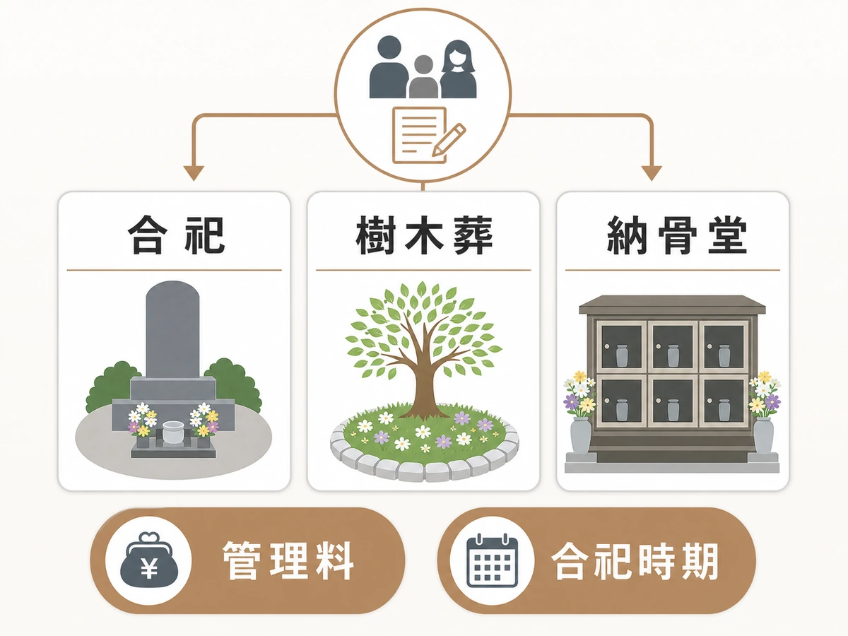 墓じまい後の改葬先を合祀・樹木葬・納骨堂と管理料・合祀時期で比べる図解