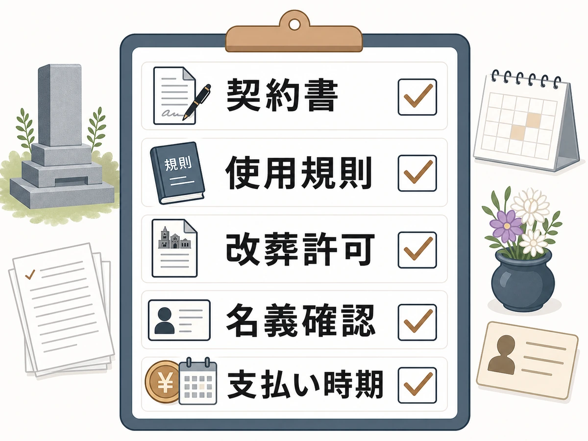納骨堂への改葬前に契約書、使用規則、改葬許可、名義確認、支払い時期を見るチェックリスト