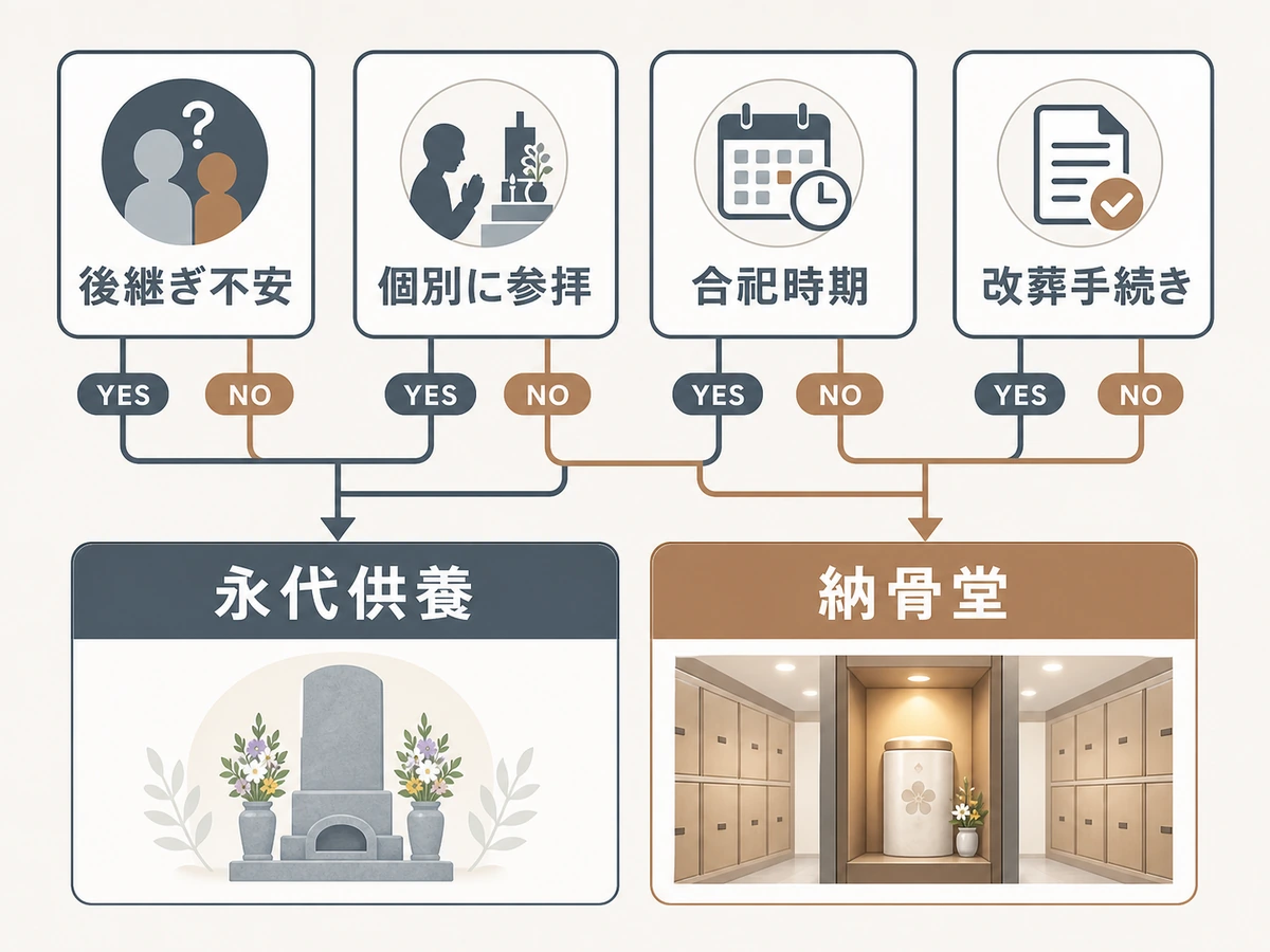 永代供養と納骨堂の選び方を示す判断分岐