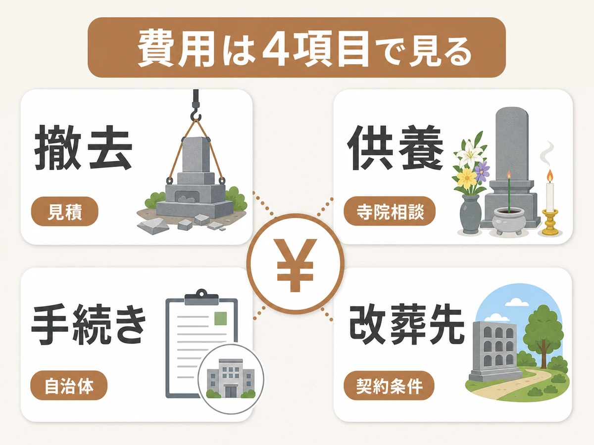 墓じまい費用を撤去、供養、手続き、改葬先の4項目で整理した図解