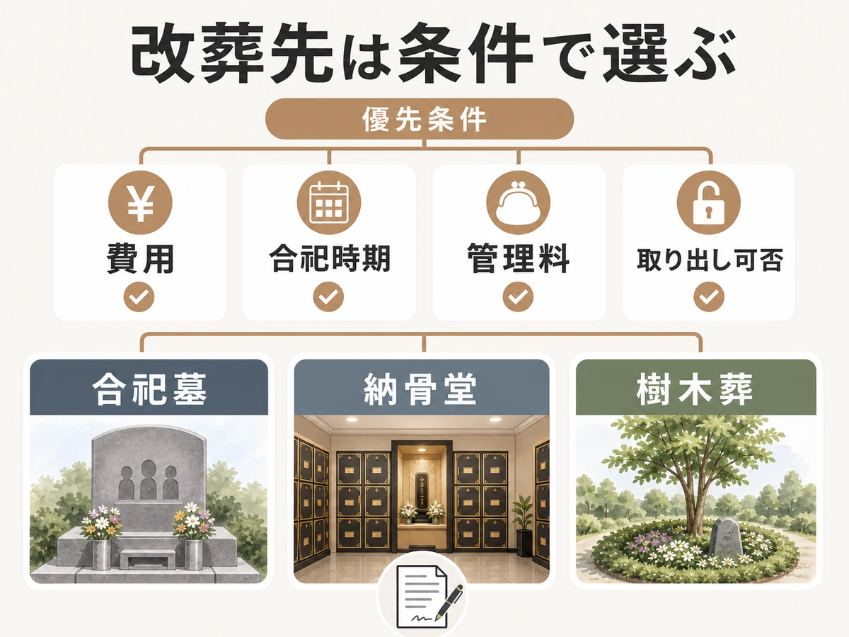 改葬先を費用、合祀時期、管理料、取り出し可否で選ぶ判断図