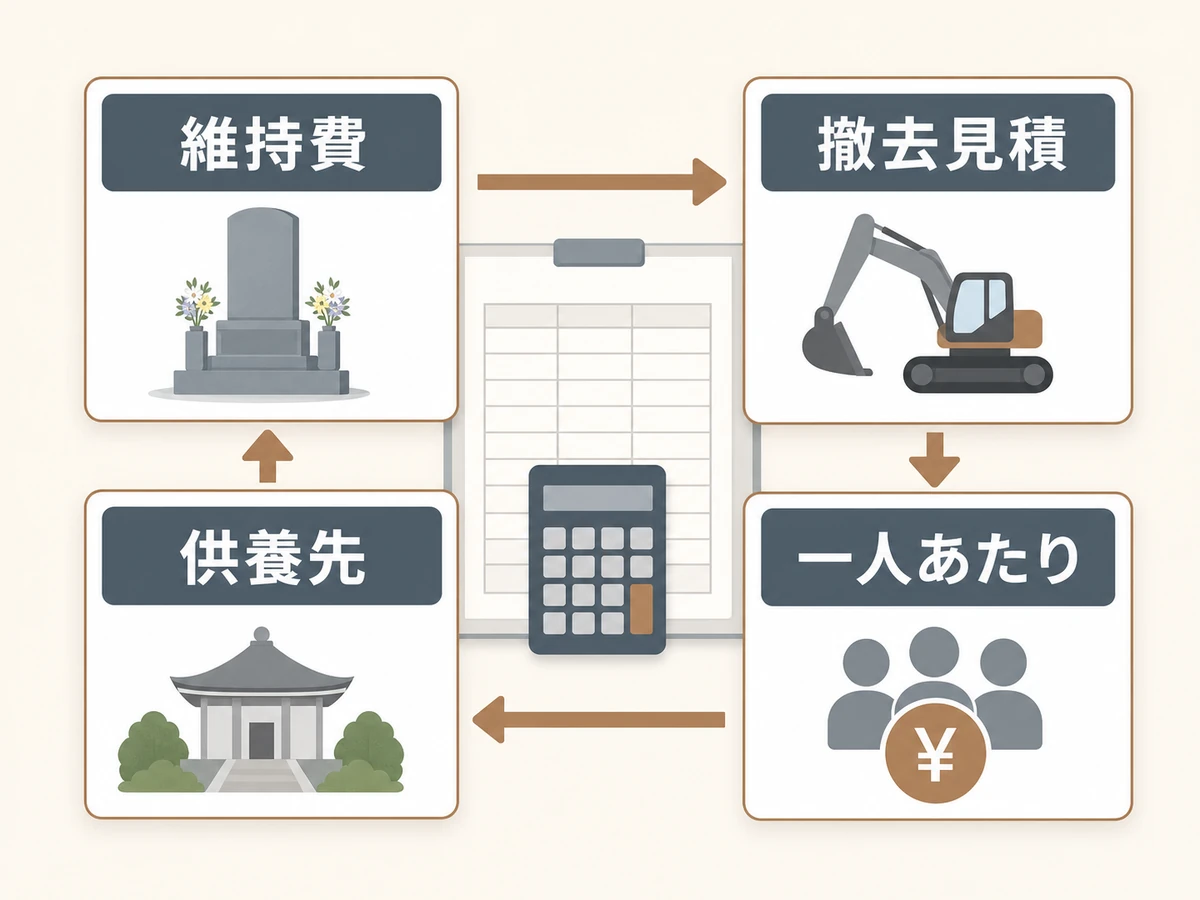 墓じまい費用を維持費、撤去見積、供養先、一人あたりで整理する図