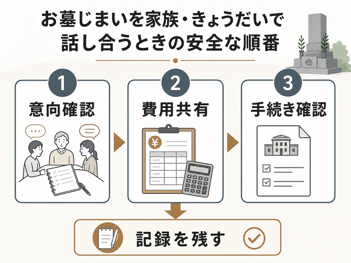 墓じまいの話し合いで意向確認、費用共有、手続き確認、記録を残す流れ