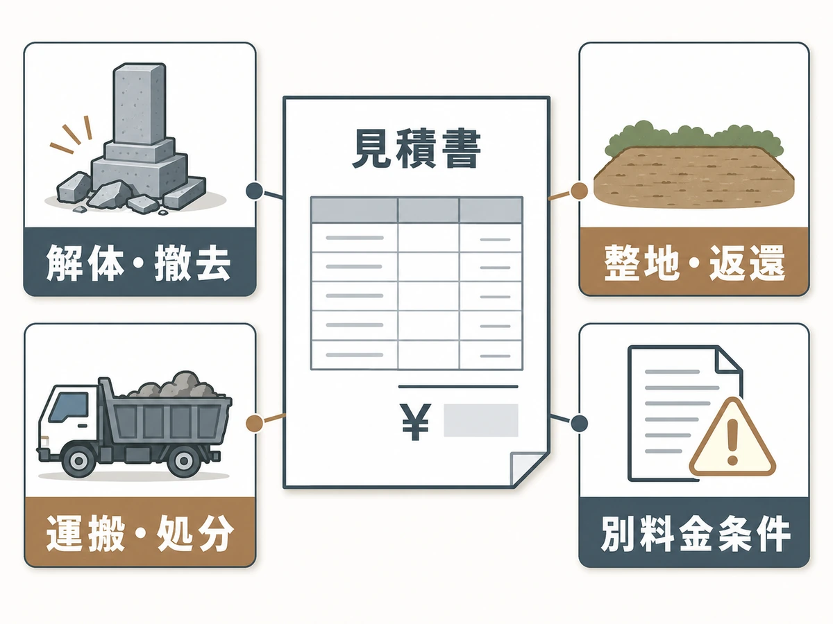 墓石撤去の見積書で確認する解体、運搬処分、整地返還、別料金条件