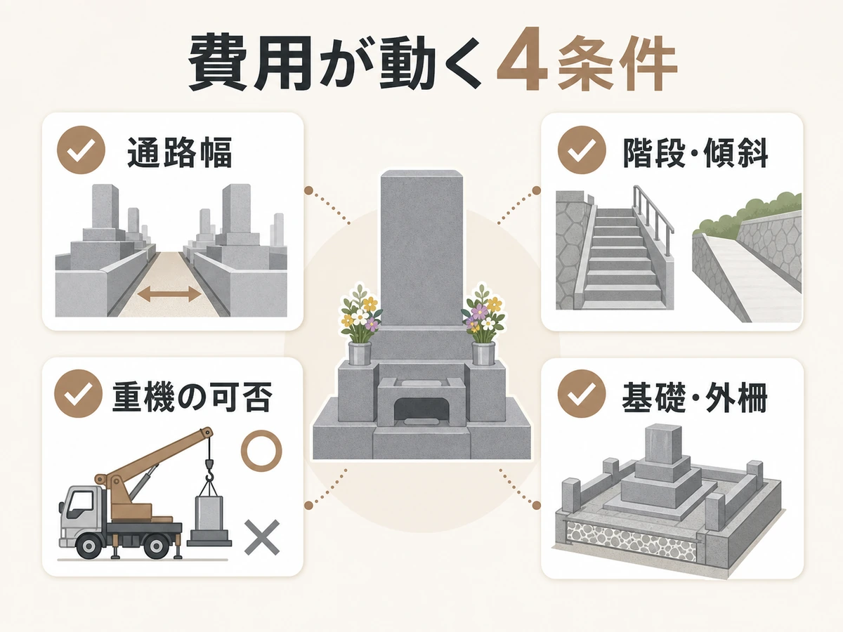墓じまいの撤去費用が変わる通路幅、階段、重機、基礎外柵の確認ポイント