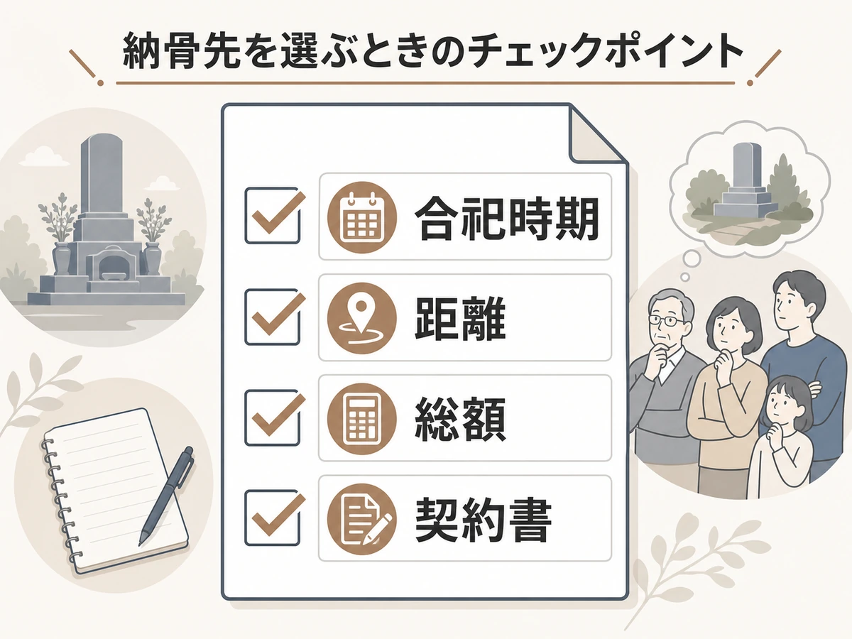 改葬先を選ぶときに合祀時期、距離、総額、契約書を確認する図解