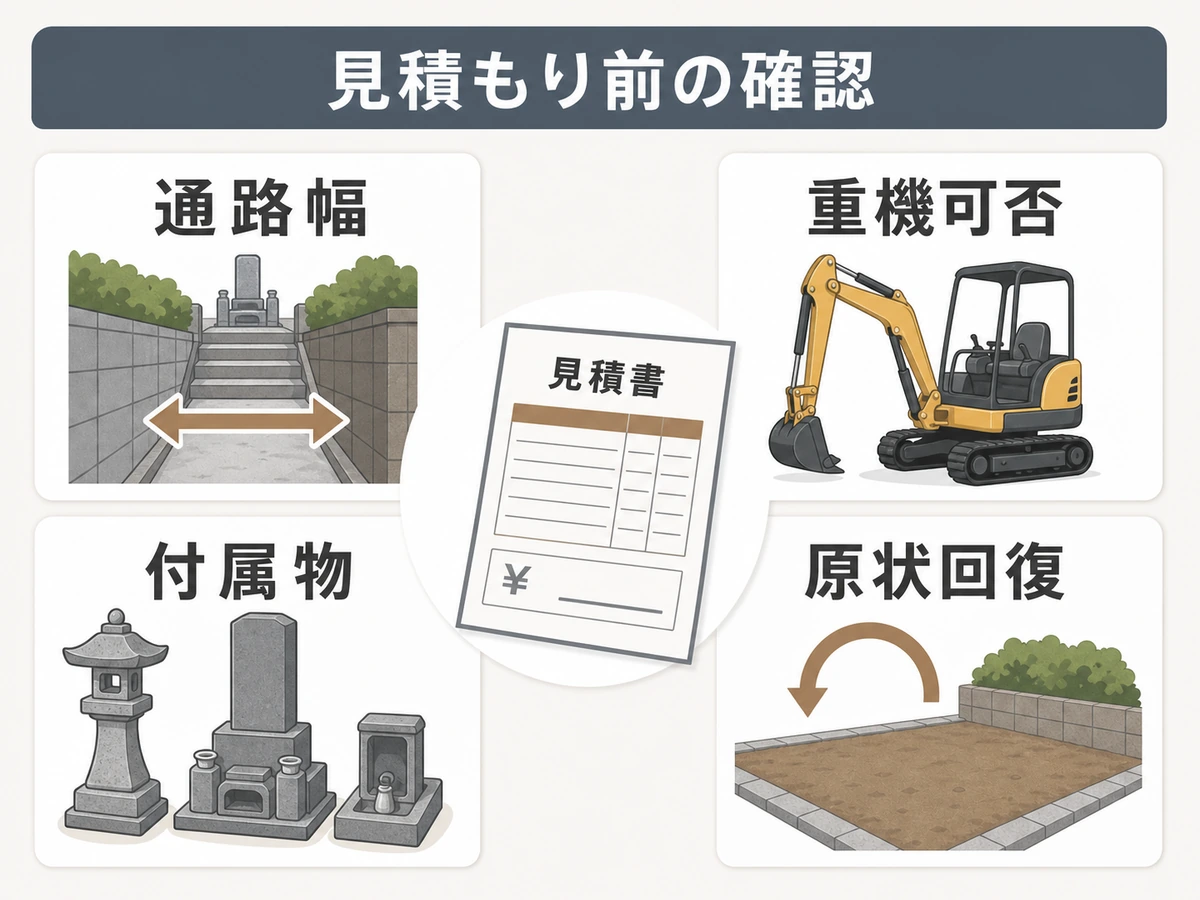 墓じまいの撤去見積もり前に確認する通路幅や重機可否などの条件