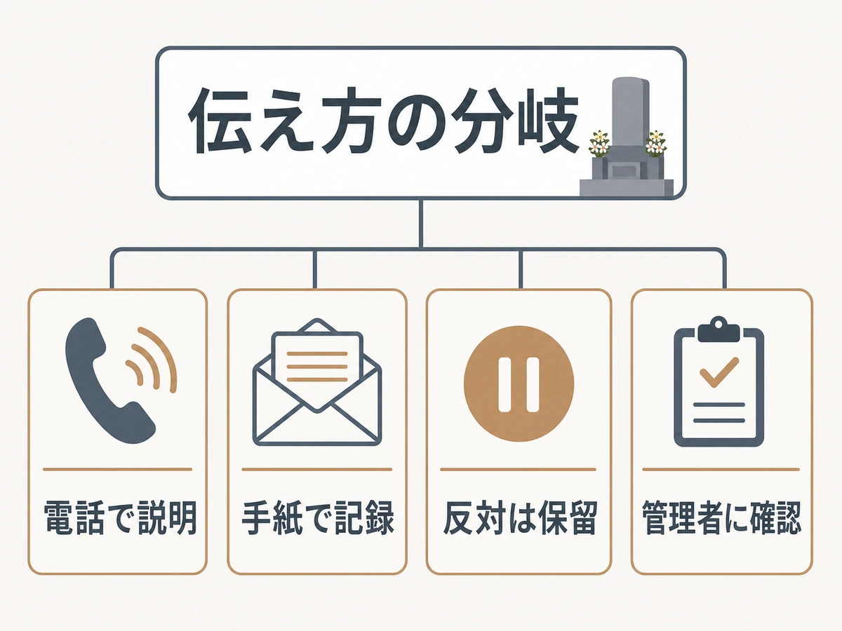 墓じまいの親族連絡で相手別の伝え方を分ける図