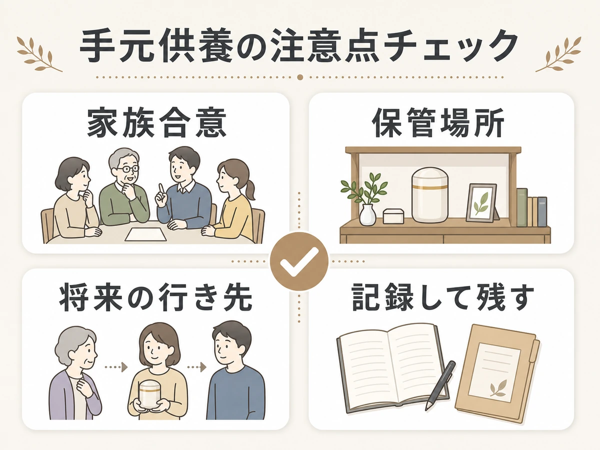 手元供養で家族合意、保管場所、将来の行き先、記録を確認する図