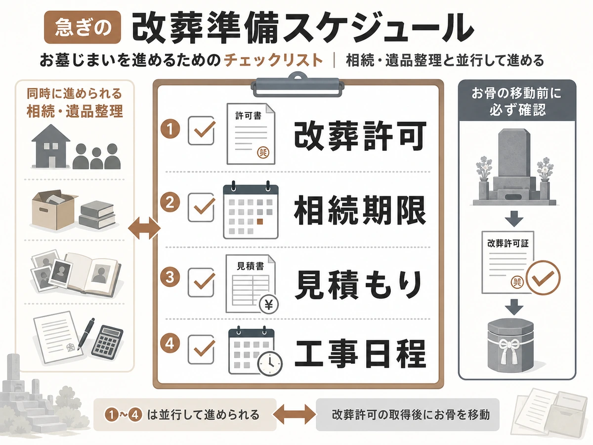 墓じまいと相続を並行して進めるための改葬許可、相続期限、見積もり、工事日程のチェック