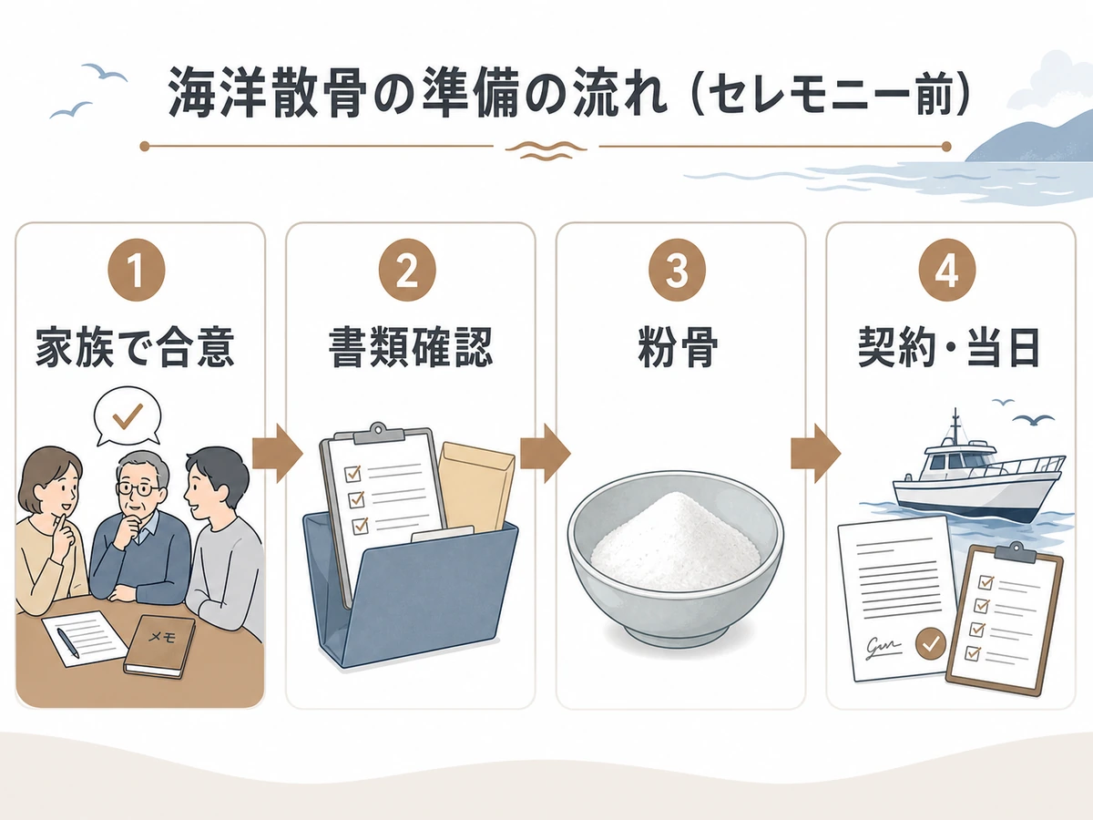 海洋散骨の準備を家族合意から契約当日まで並べた図