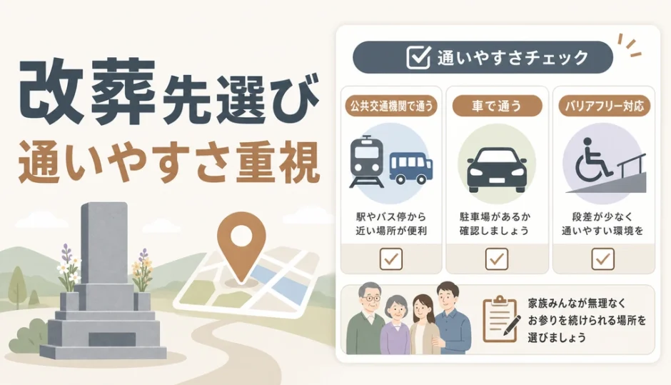 改葬先選びで通いやすさを重視する確認ポイントの図解