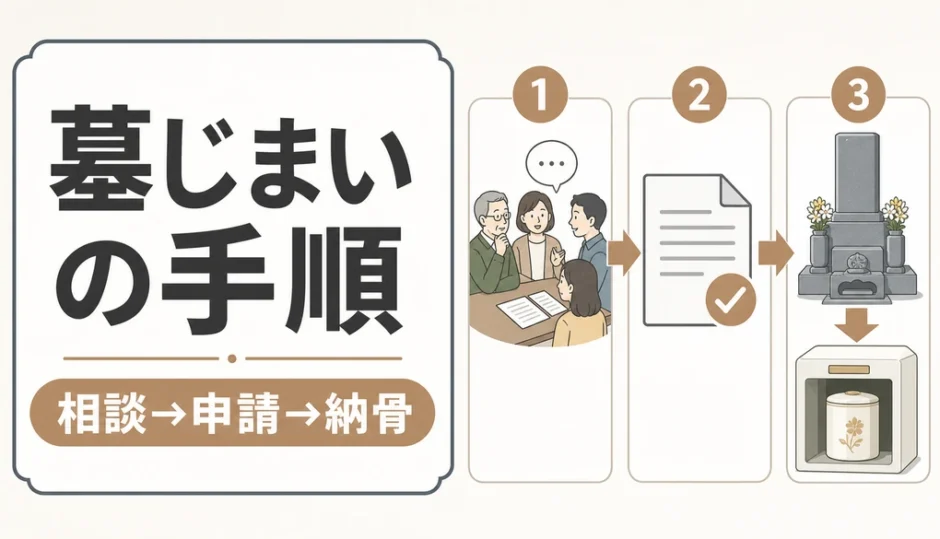 墓じまいの手順を相談、申請、納骨の流れで示す図解