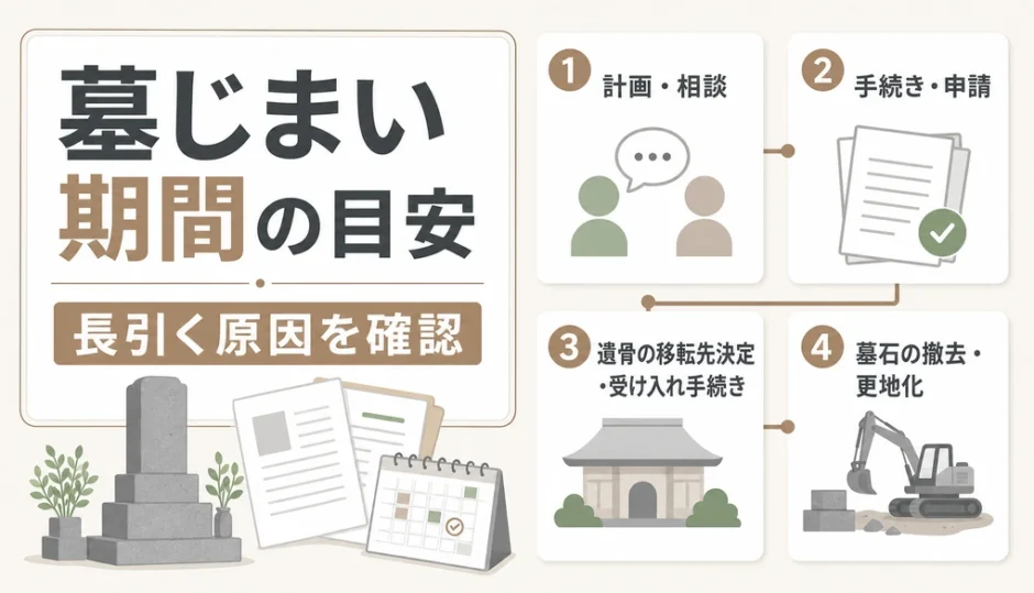 墓じまいの期間目安と長引く原因を示す図解