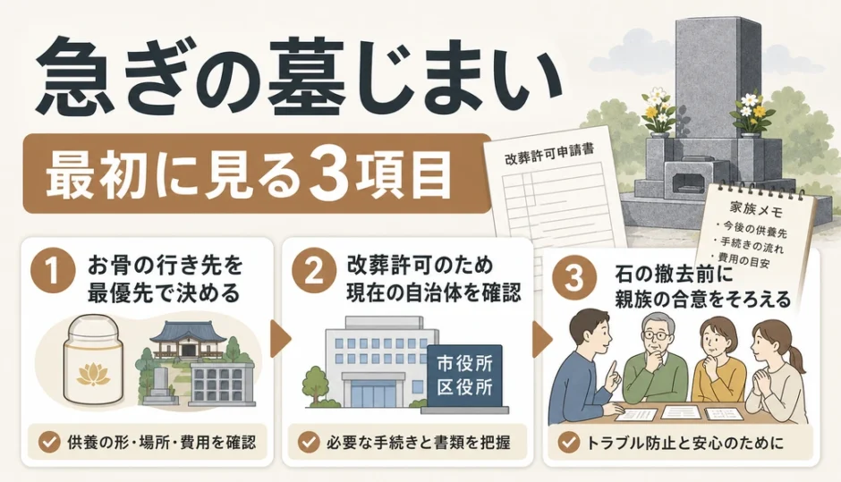 急ぎの墓じまいで最初に確認する3項目を示す図解