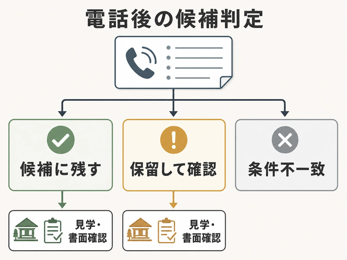 電話回答を候補に残す・保留して確認・条件不一致に分ける判断チャート