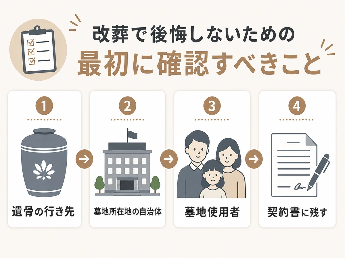 改葬前に最初に確認する4つの条件を示す図