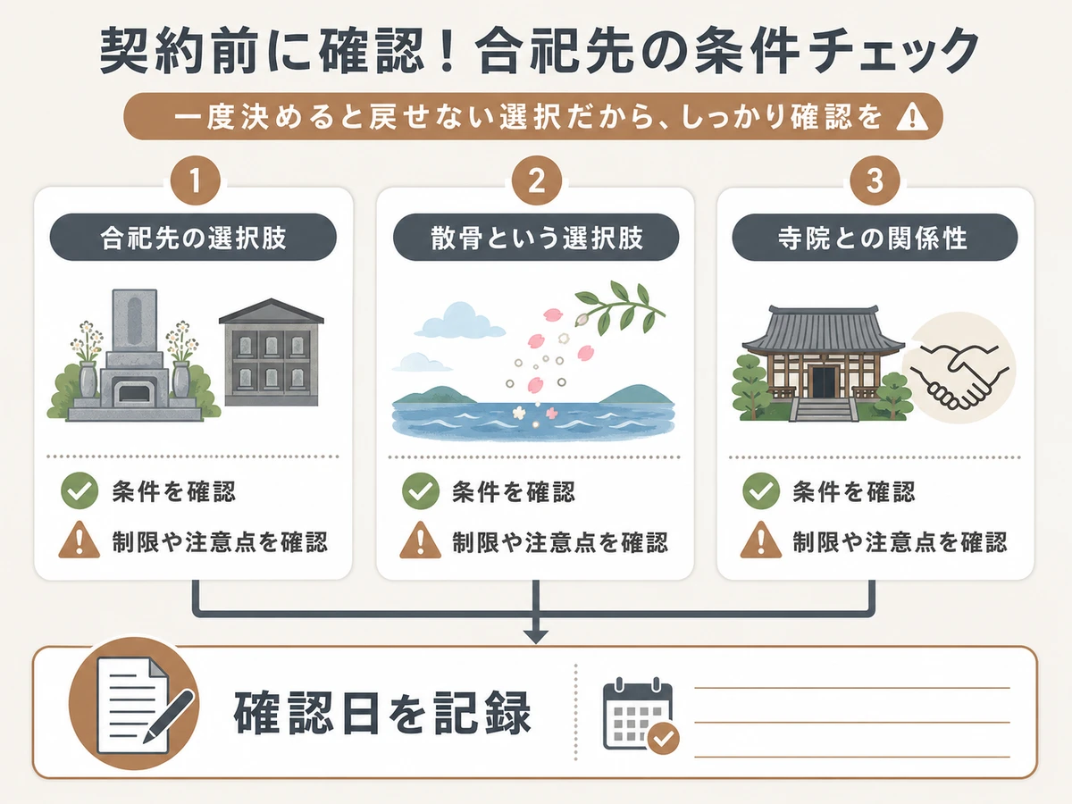 合祀や散骨など契約前に確認する条件を示す図