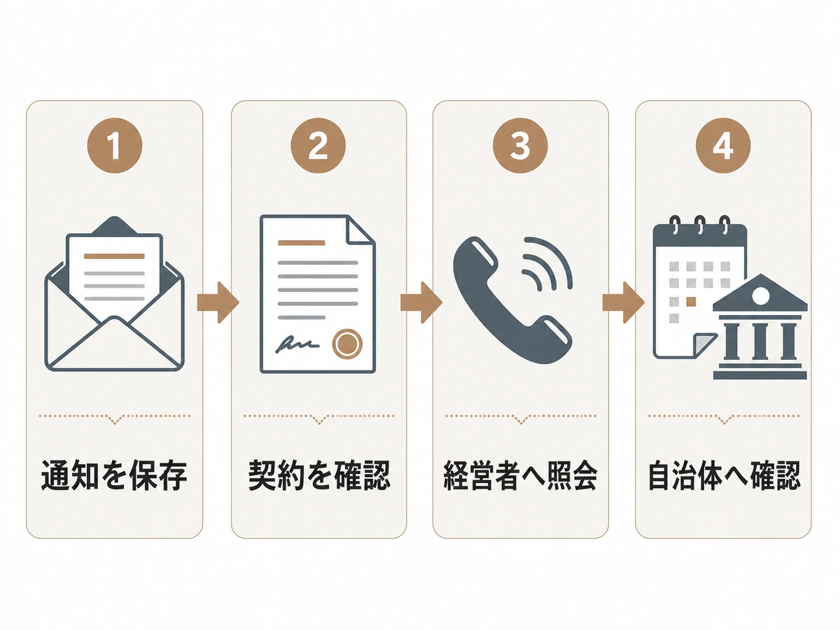 霊園の廃業や運営変更の通知後に、通知、契約、経営者、自治体の順で確認する流れ