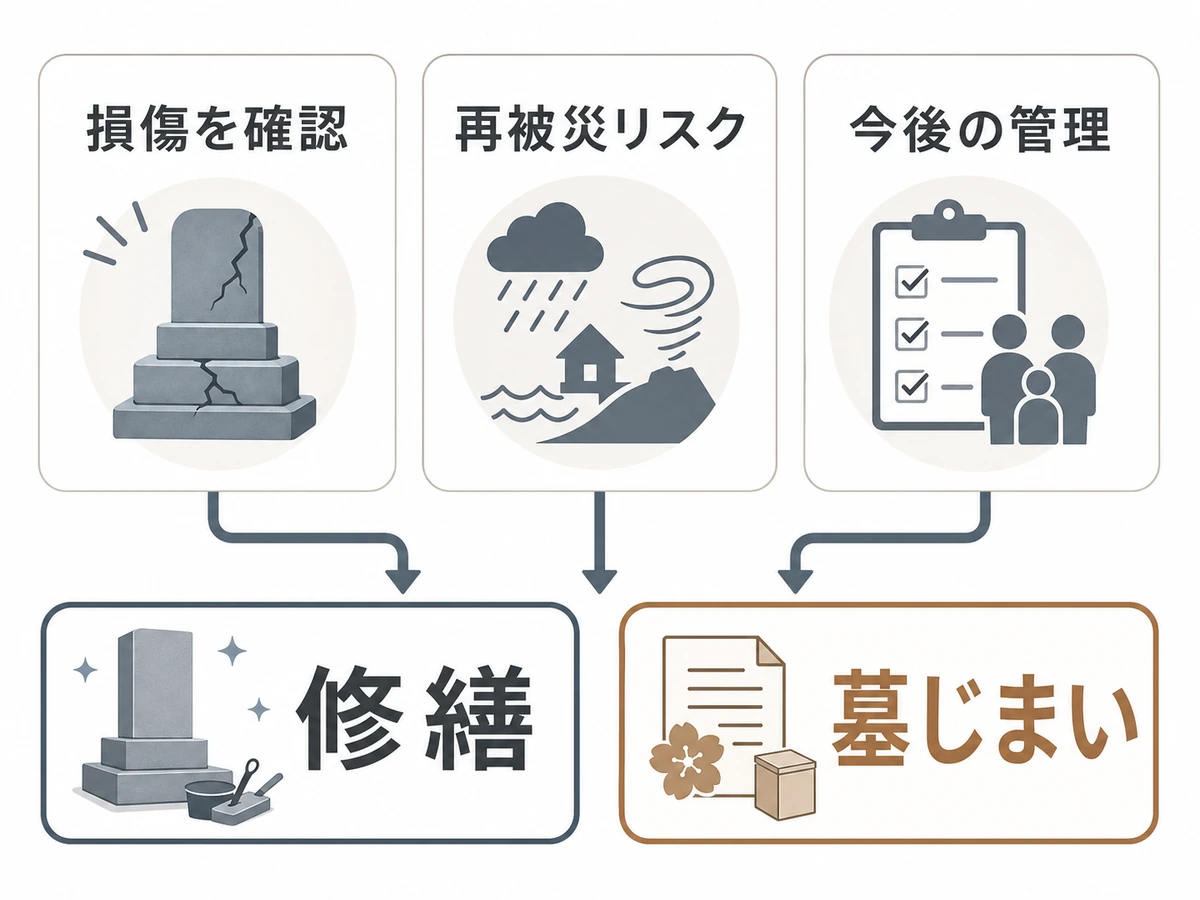 損傷、再被災リスク、今後の管理から修繕と墓じまいを比べる判断図