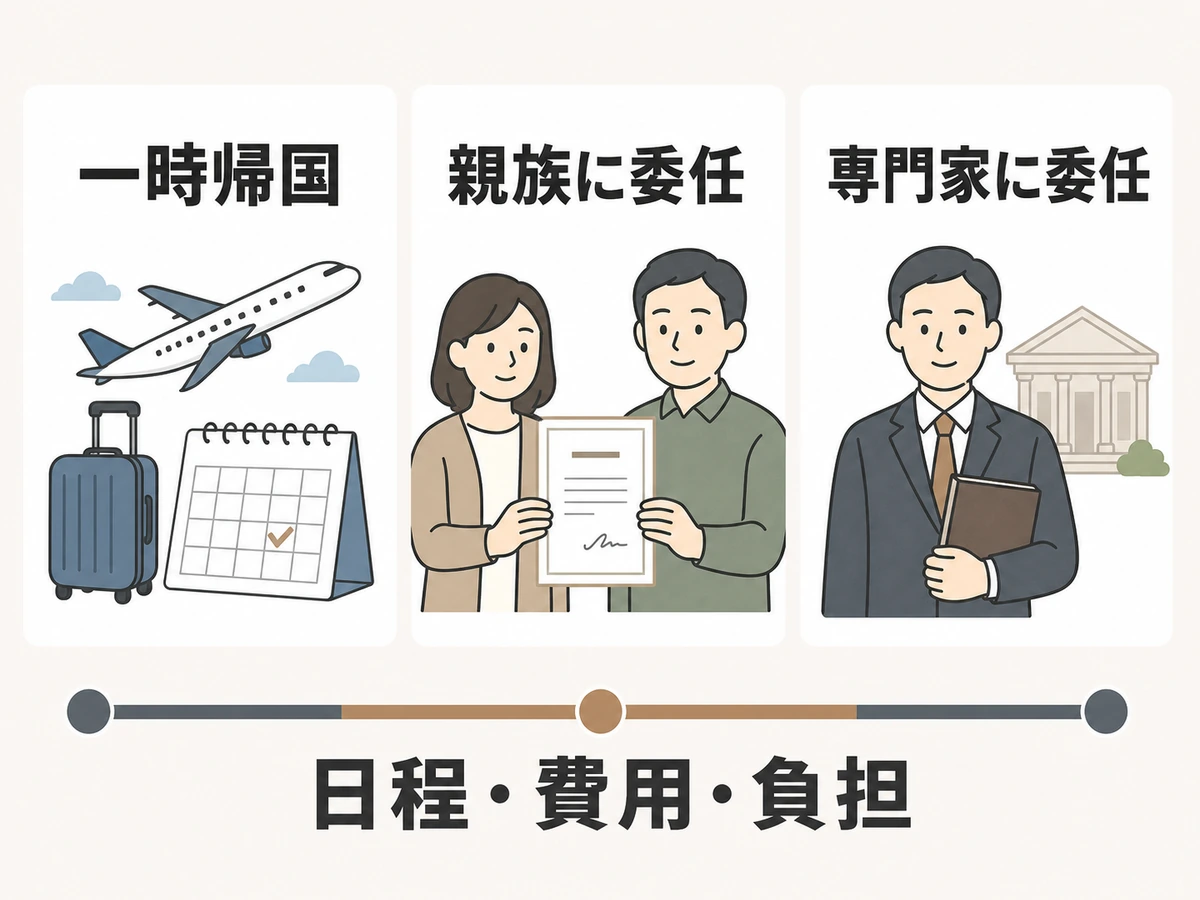 一時帰国、親族委任、専門家委任を日程・費用・負担で比べる図