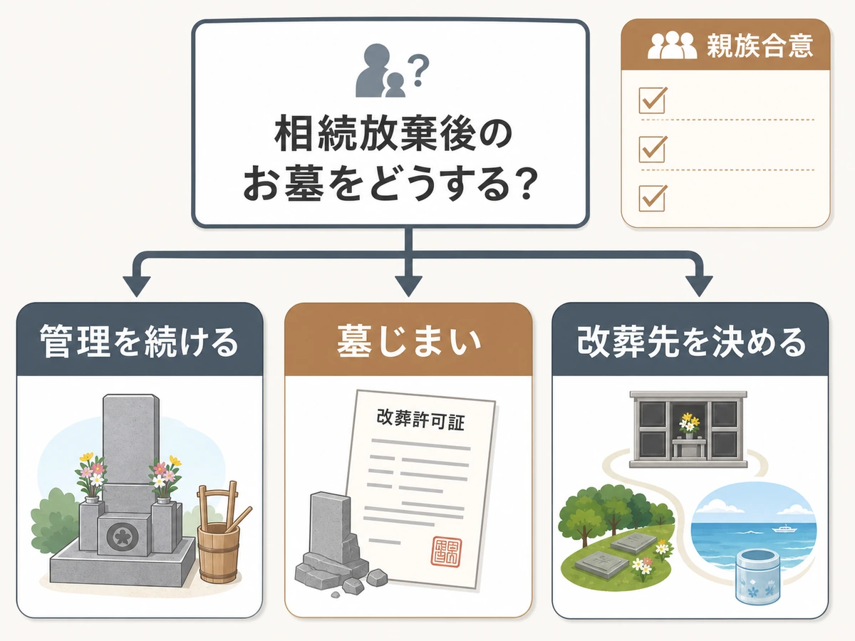 相続放棄後のお墓の選択肢と親族合意を整理する図解