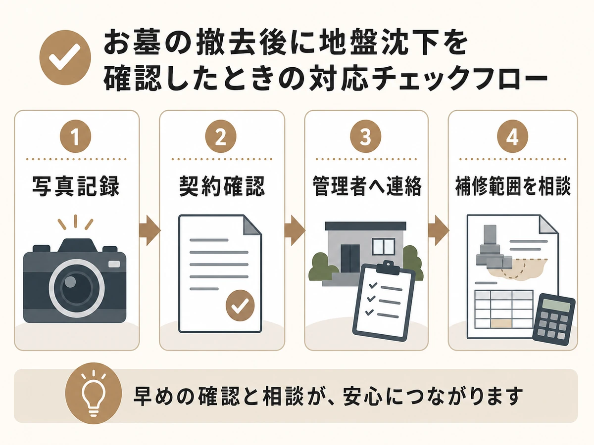 墓石撤去後に地面沈下を確認したときの写真記録、契約確認、管理者連絡、補修相談の流れ