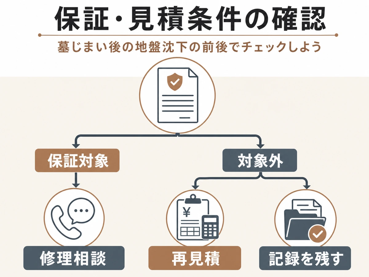 墓石撤去後の地面沈下で保証対象・対象外・再見積・記録を確認する判断チャート