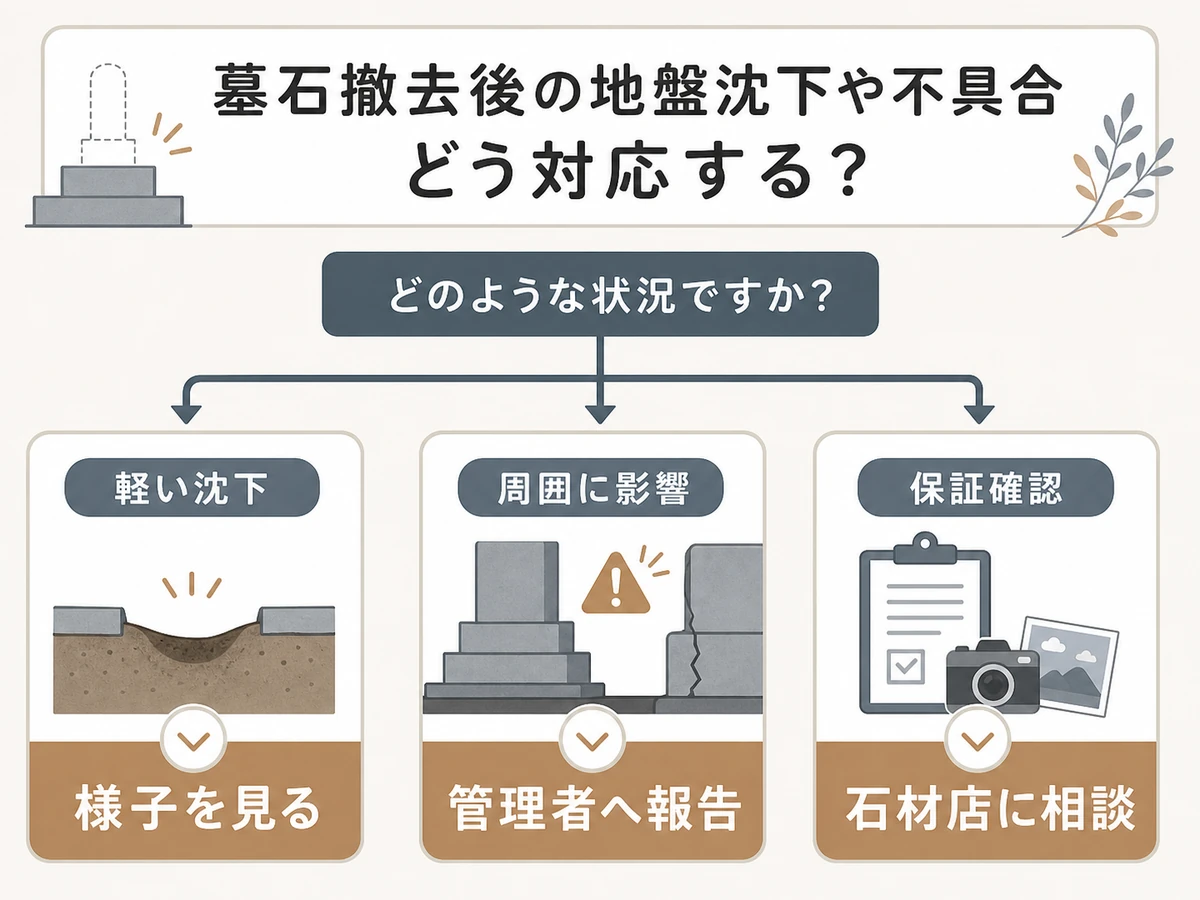 墓石撤去後の軽い沈下、周囲への影響、保証確認、管理者報告、石材店相談の判断チャート