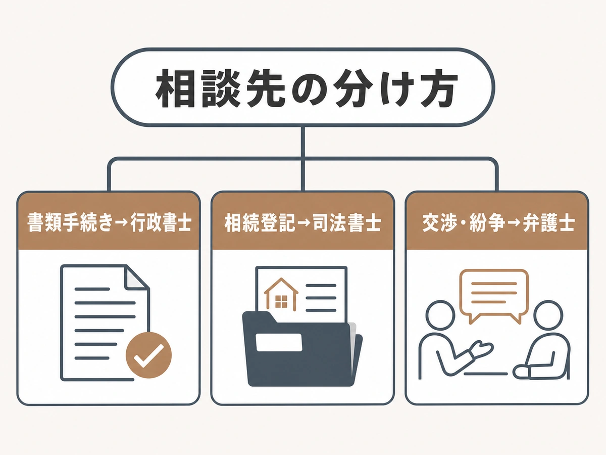書類手続きは行政書士、相続登記は司法書士、交渉や紛争は弁護士という相談先の分岐図