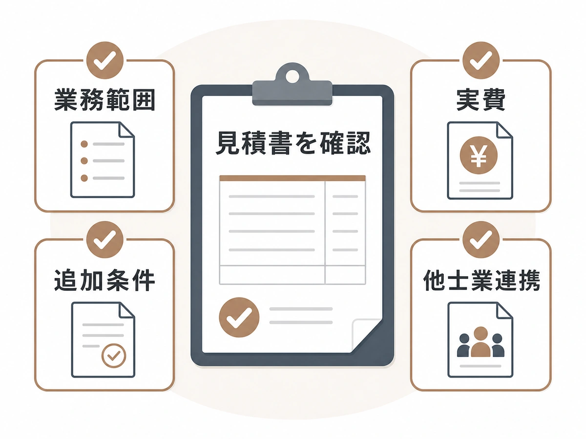 士業の見積書で業務範囲、実費、追加条件、他士業連携を確認するチェック図