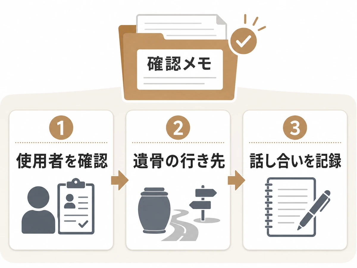 墓じまい前に使用者、遺骨の行き先、話し合いの記録を確認する図
