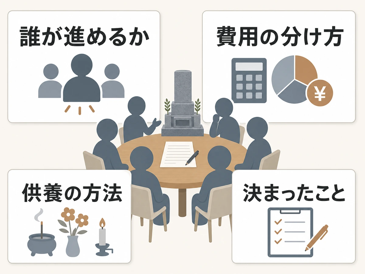 墓じまい前に親族で話し合う項目を示した図