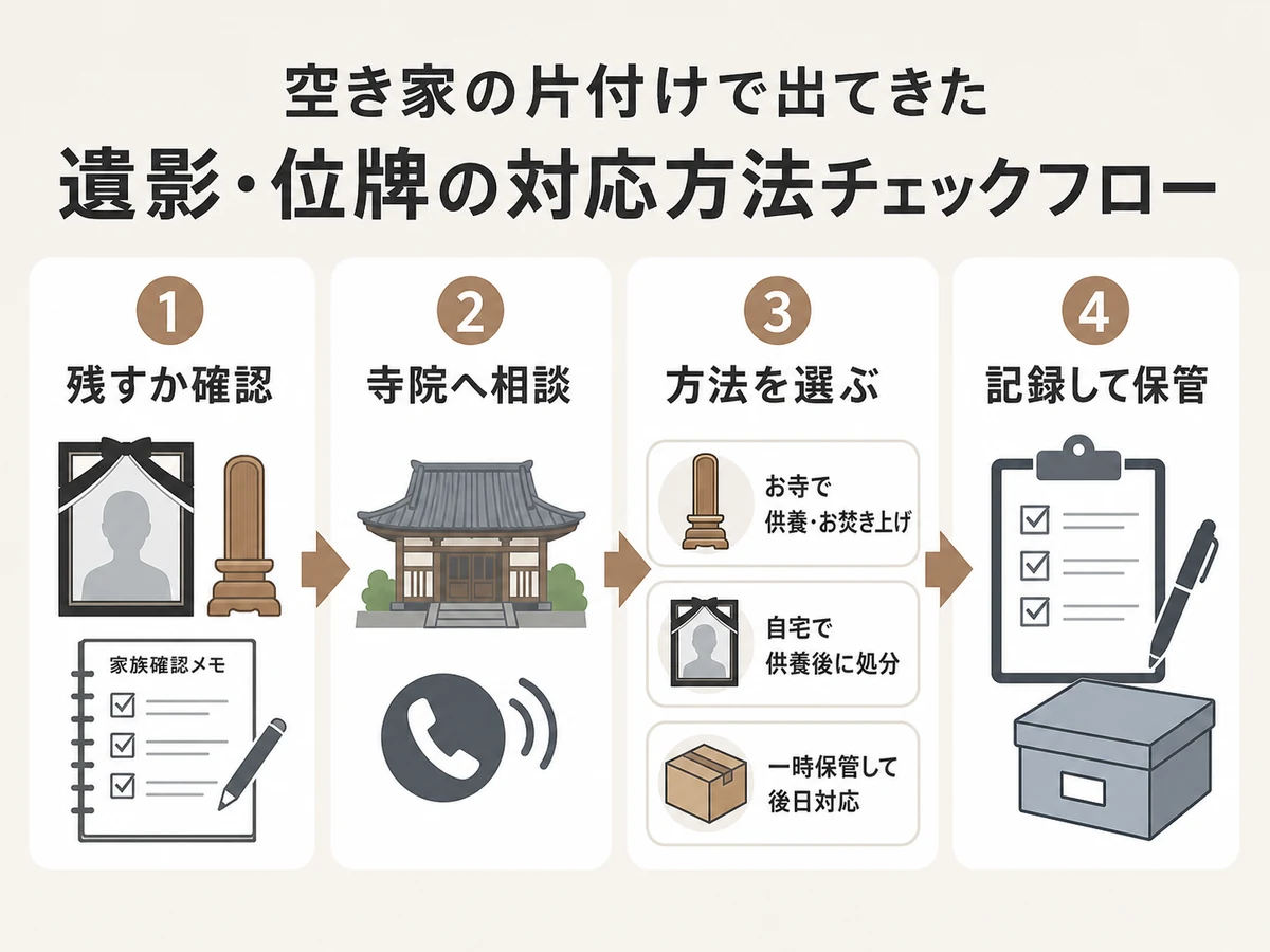 遺影と位牌を処分する前に残すか確認し寺院相談から記録まで進める流れ