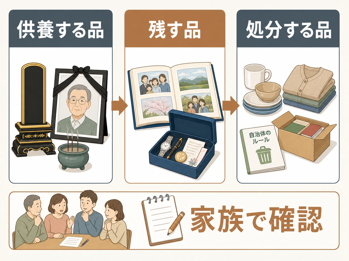 遺品整理で供養する品、残す品、処分する品を分ける流れを示す図