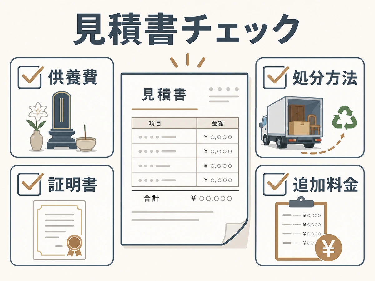 供養付き遺品整理の見積書で供養費、証明書、処分方法、追加料金を確認する図