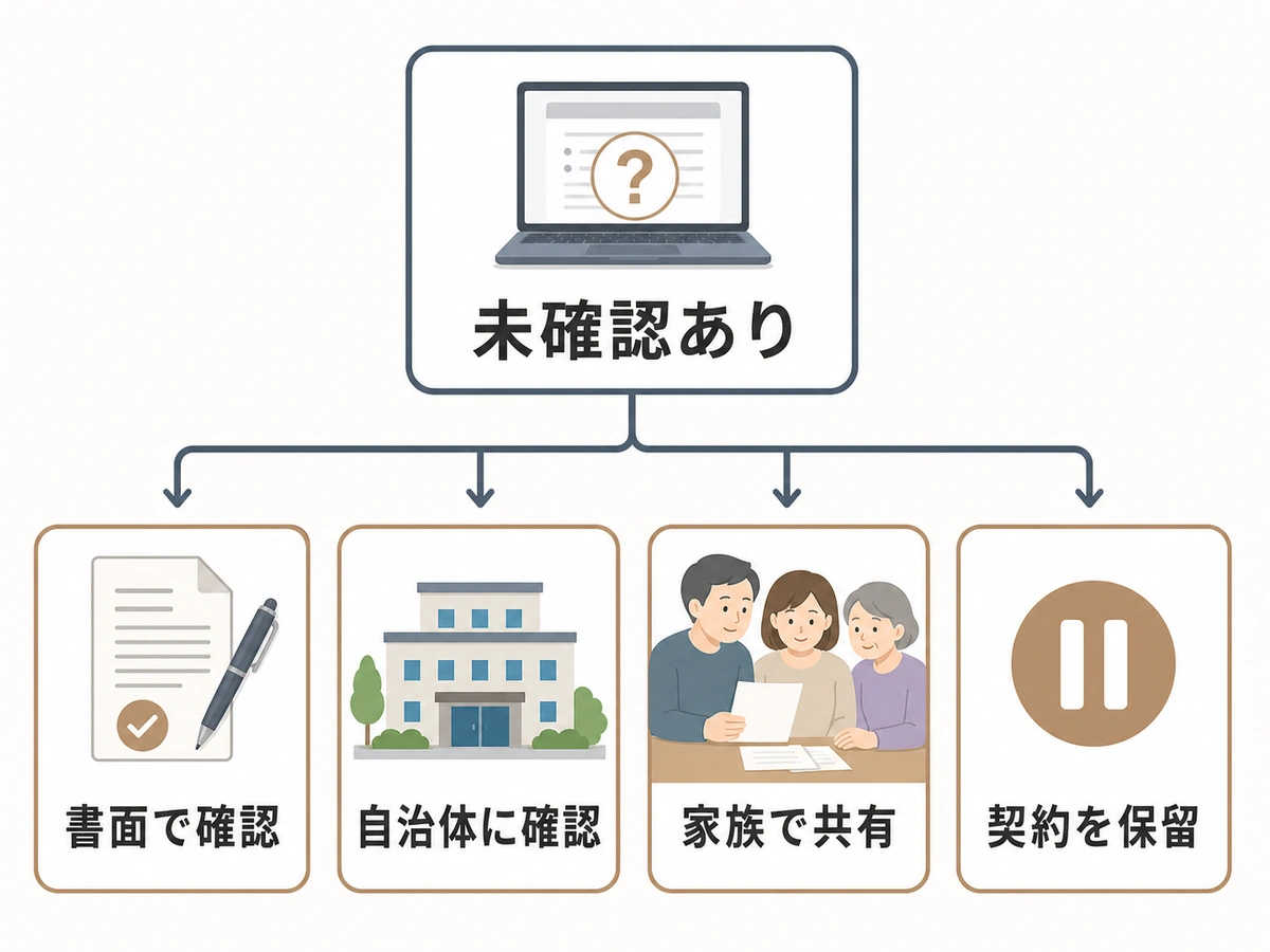 オンライン納骨の確認事項が残るときに書面、自治体、家族で確認し契約を保留する判断図