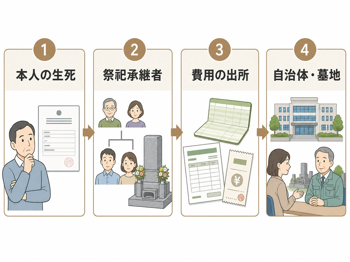 親の墓じまい前に確認する本人の生死、祭祀承継者、費用の出所、自治体・墓地の4項目