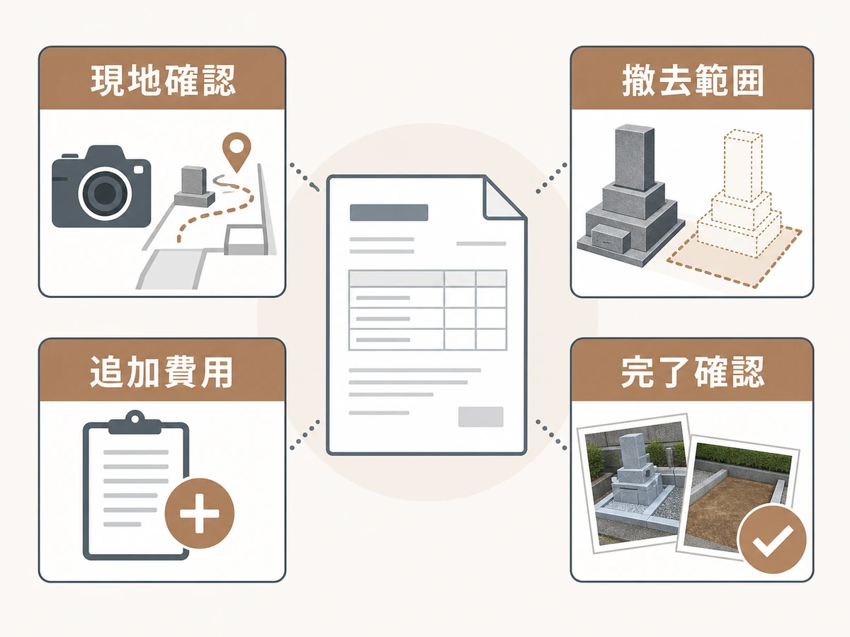 現地確認、撤去範囲、追加費用、完了確認を見積書で比べる図