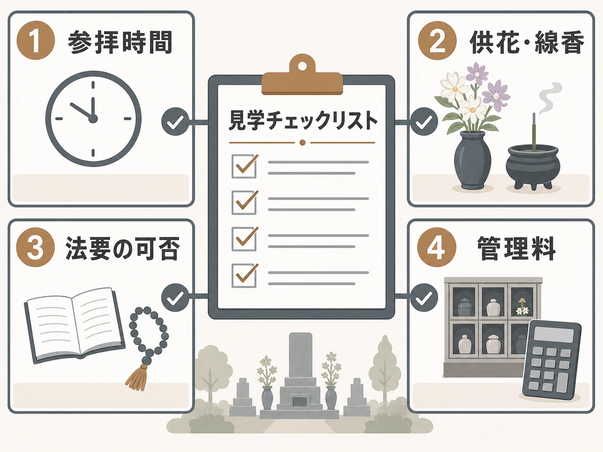 霊園・納骨堂の見学で参拝時間、供花・線香、法要、管理料を確認する流れ