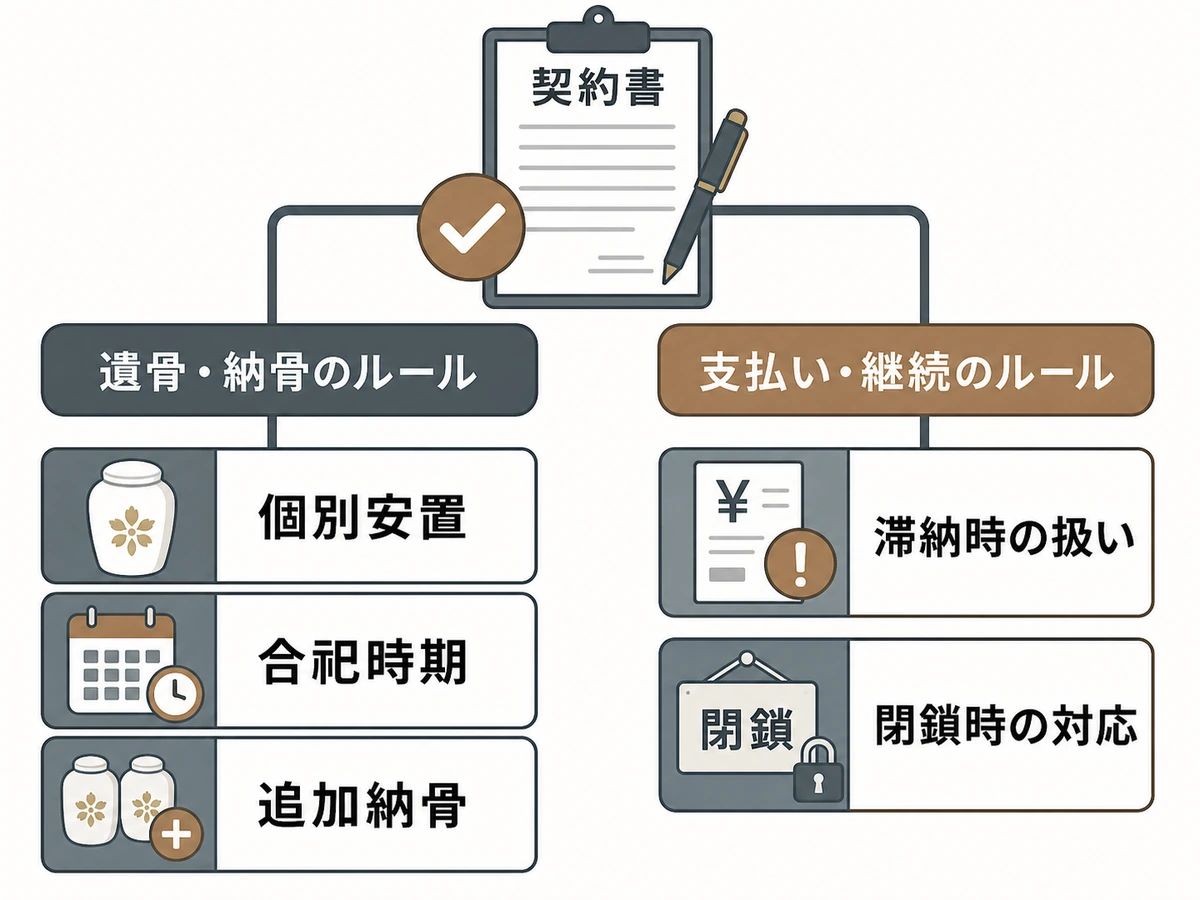 永代供養の個別安置、合祀時期、追加納骨、滞納時の扱い、閉鎖時対応を確認する図